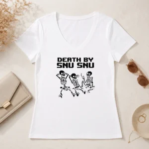 Official Death By Snu Snu V Neck Shirt in black, showing short sleeves and fitted v neck style