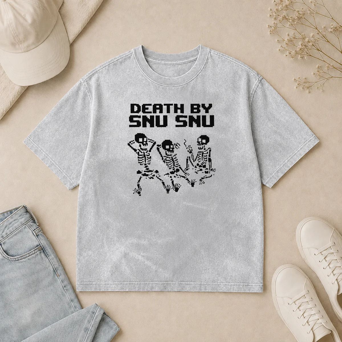 Official Death By Snu Snu Washed T Shirt Official Death By Snu Snu Washed T Shirt in faded black showing front graphic and soft texture
