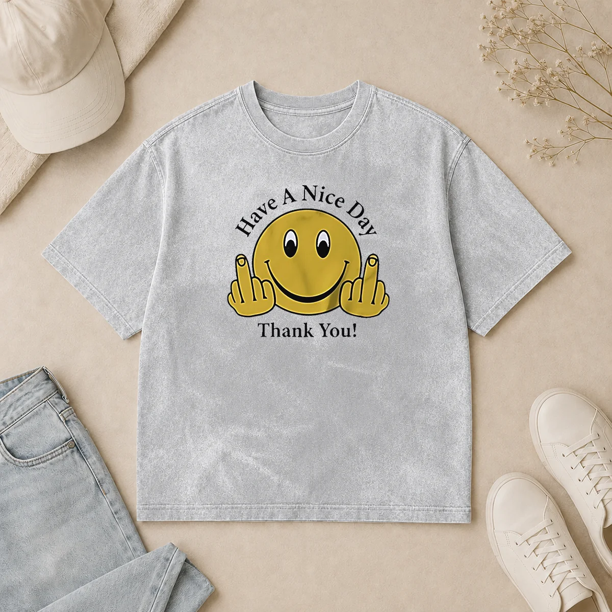 Original Smiley Face Have A Nice Day Thank You Washed T Shirt Original Smiley Face Have A Nice Day Thank You washed t shirt in soft cotton fabric with faded print