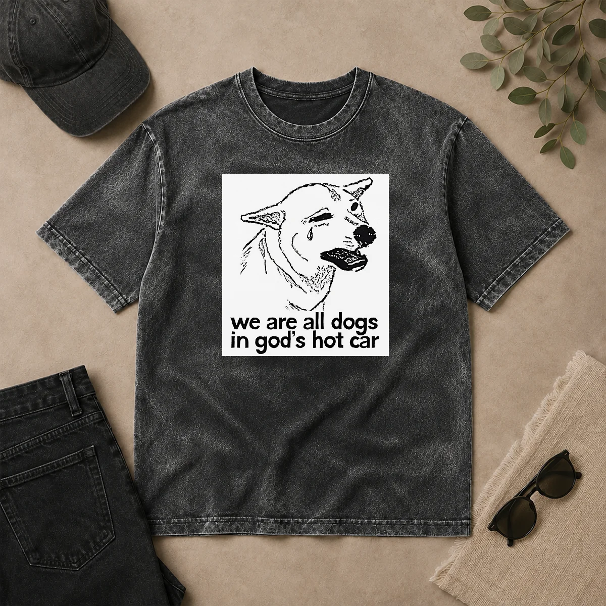Original We Are All Dogs In Gods Hot Car Washed T Shirt Original We Are All Dogs In Gods Hot Car washed t shirt in a soft, faded gray color showing front print design