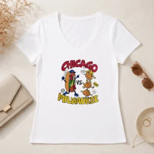 Pretty Chicago Cubs Vs Milwaukee Brewers Baseball Hot Dog Cheese Curds V-Neck Shirt