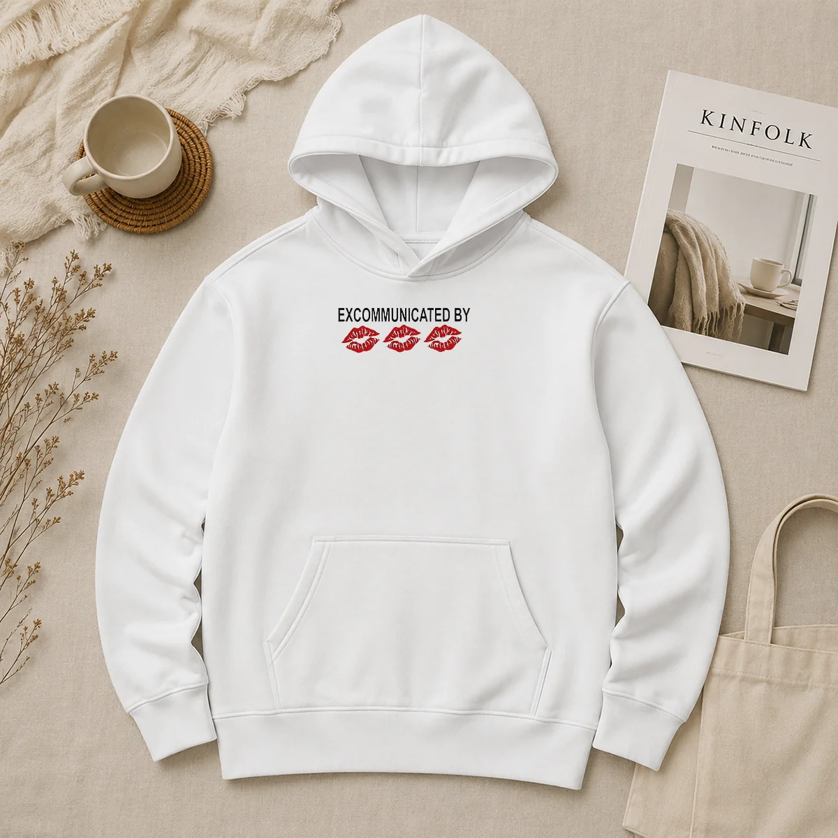 Pretty Excommunicated By Lips Hoodie Pretty Excommunicated By Lips Hoodie in black with bold graphic design and front pocket