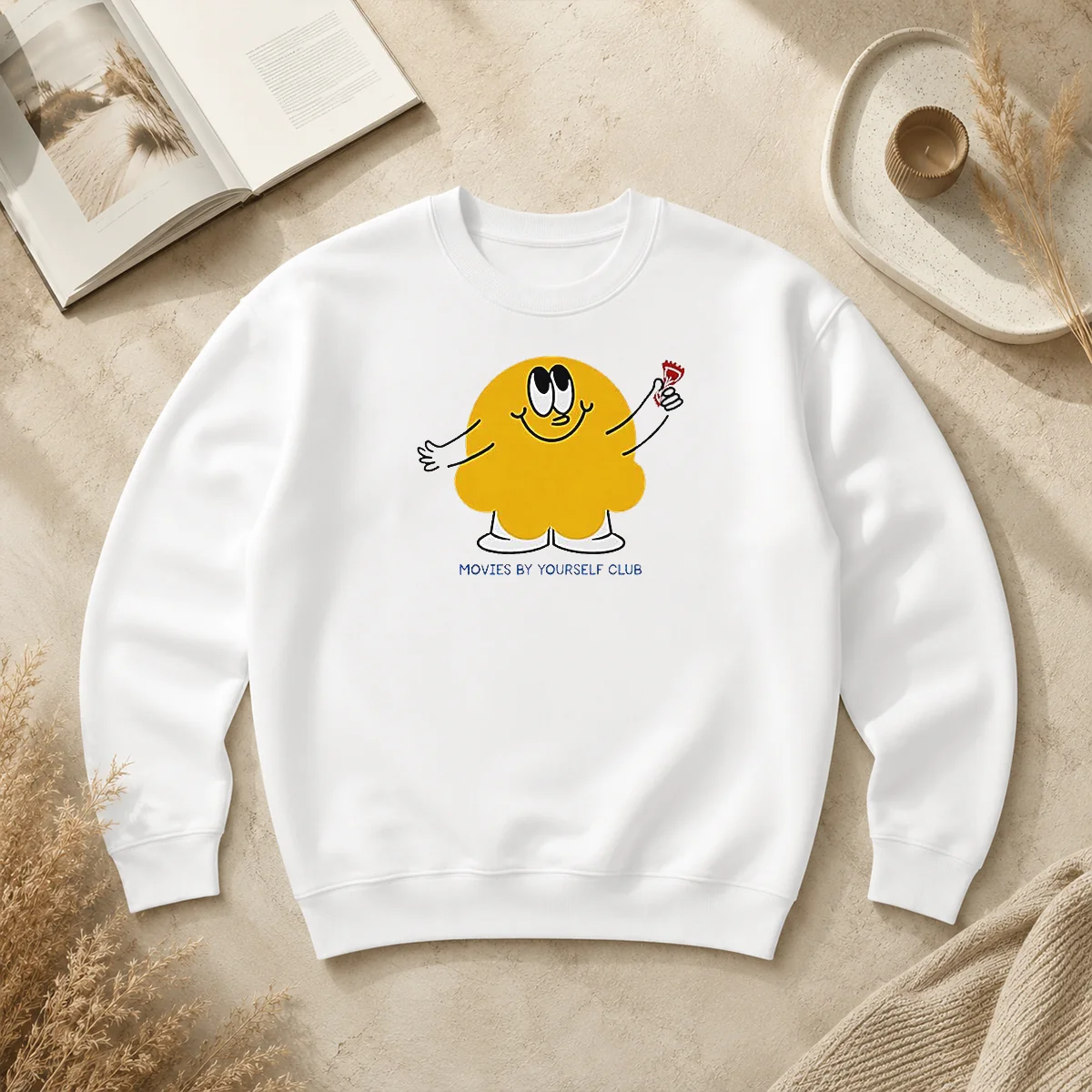 Pretty Movies By Yourself Club Yellow Blob Character Holding A Red Candy Art Sweater Pretty Movies By Yourself Club Yellow Blob Character Holding A Red Candy Art Sweater