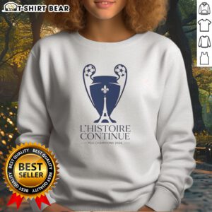 Pretty Paris Saint Germain L'Histoire Continue League UCL 2026 Trophy Sweatshirt featuring vibrant team colors and logo