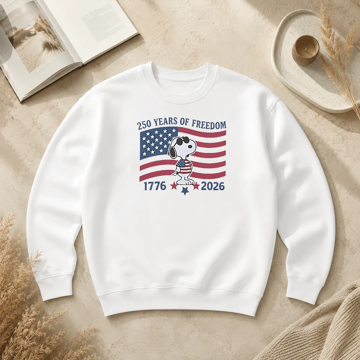Pretty Snoopy Wearing Sunglasses 250 Years Of Freedom 1776 2026 Sweater Pretty Snoopy Wearing Sunglasses 250 Years Of Freedom 1776 2026 sweater in navy blue, cozy crewneck style