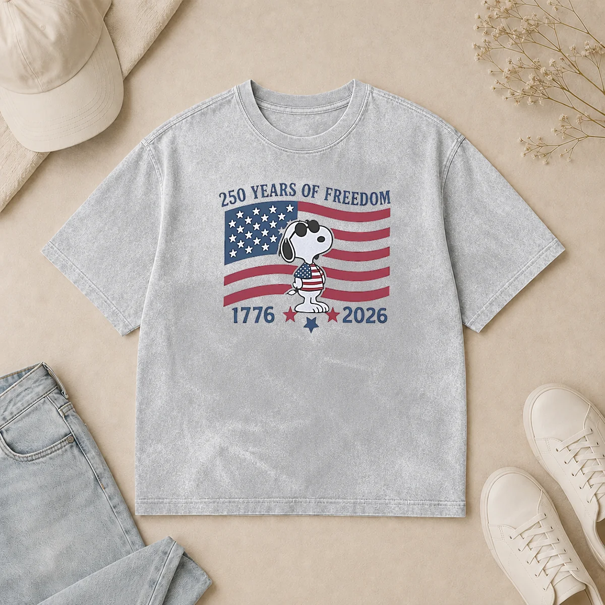 Pretty Snoopy Wearing Sunglasses 250 Years Of Freedom 1776 2026 Washed T Shirt Pretty Snoopy Wearing Sunglasses 250 Years Of Freedom 1776 2026 Washed T-Shirt