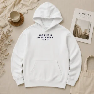 Pretty Worlds Sluttiest Dad Slogan Hoodie in dark color with front graphic print, soft fabric and adjustable hood