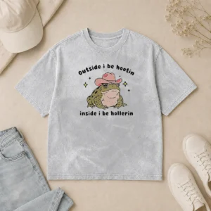 Top Cowboy Frog Outside I Be Hootin Inside I Be Hollerin Washed T-Shirt