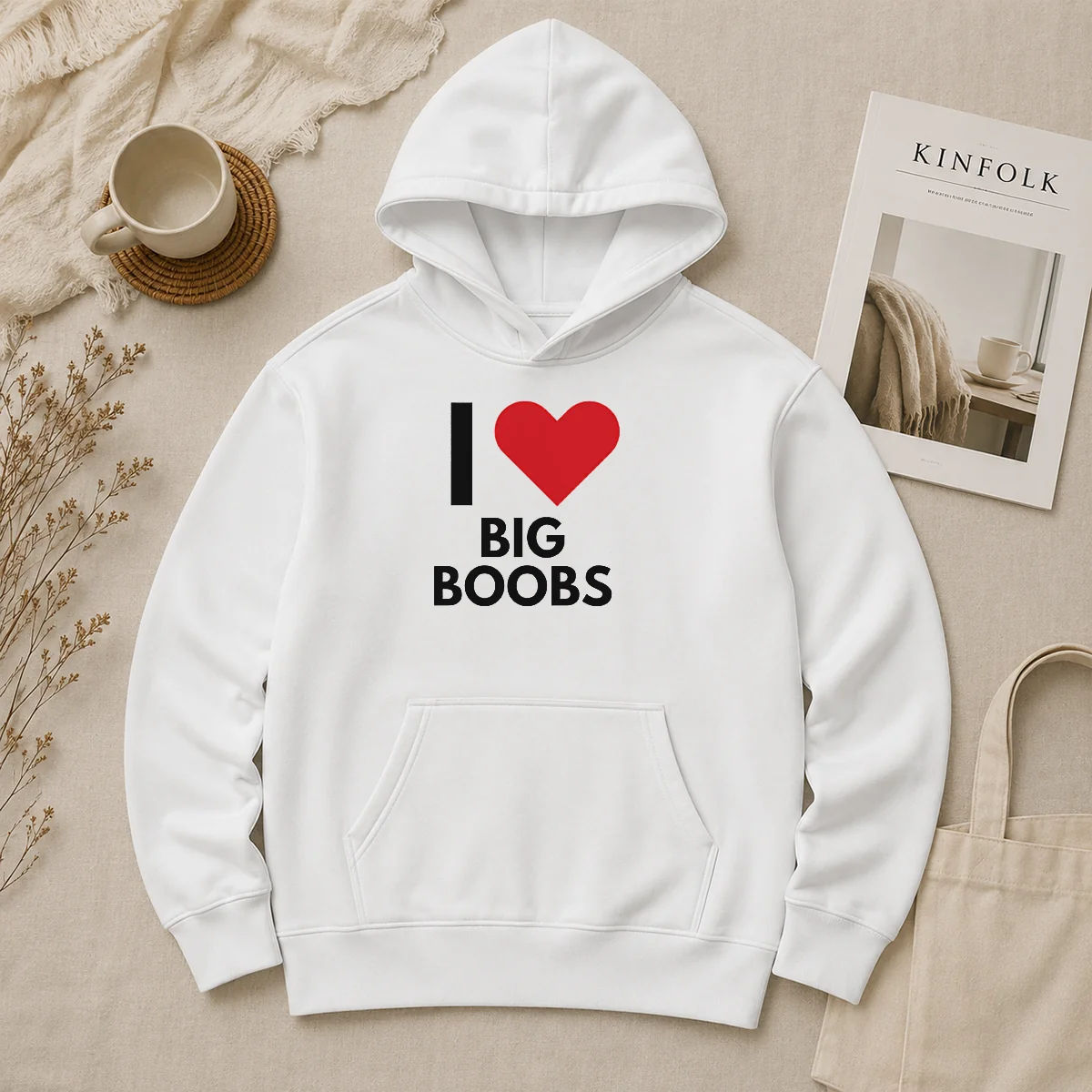 Top I Love Big Boobs Heart Hoodie Top I Love Big Boobs Heart Hoodie in black with front graphic print, displayed on a flat lay background