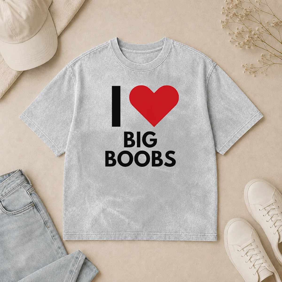 Top I Love Big Boobs Heart Washed T Shirt Top I Love Big Boobs Heart printed on a soft washed t shirt in a relaxed fit