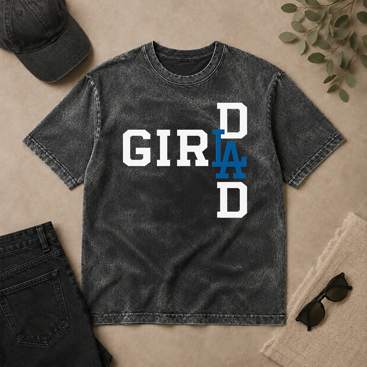 Top Los Angeles Dodgers LA Girl Dad Washed T Shirt Top Los Angeles Dodgers LA Girl Dad Washed T-Shirt