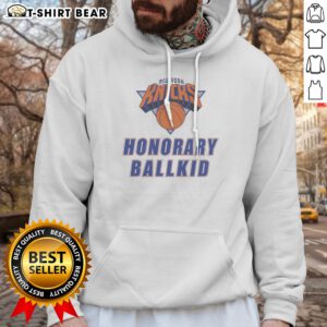 Top New York Knicks Honorary Ballkid Basketball Hoodie in navy blue with logo print, displayed on a front view
