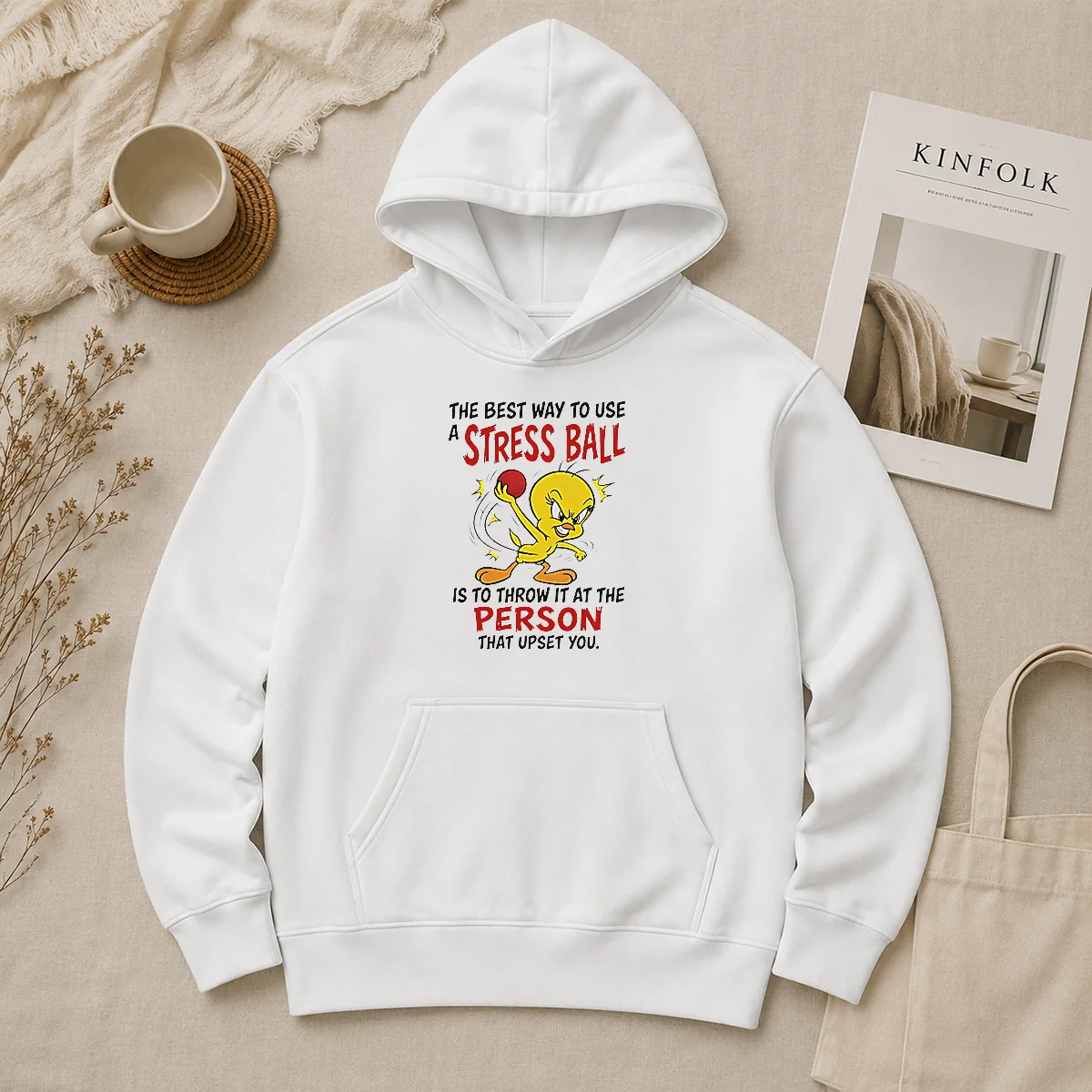 Awesome Tweety Bird Looney Tunes The Best Way To Use A Stress Ball Is To Throw Hoodie Awesome Tweety Bird Looney Tunes The Best Way To Use A Stress Ball Is To Throw Hoodie in black, front view with kangaroo pocket and drawstring hood