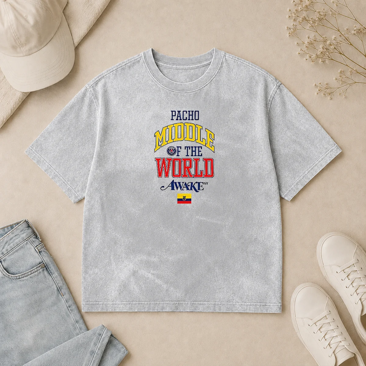 Awesome William Pacho Paris Saint Germain Middle Of The World Awake NY Ecuador Washed T Shirt Awesome William Pacho Paris Saint Germain Middle Of The World Awake NY Ecuador washed t shirt front view in soft fabric
