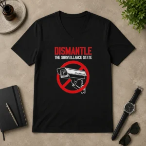 Funny Dismantle The Surveillance State V Neck Shirt featuring bold text on a comfortable fitted V neck tee