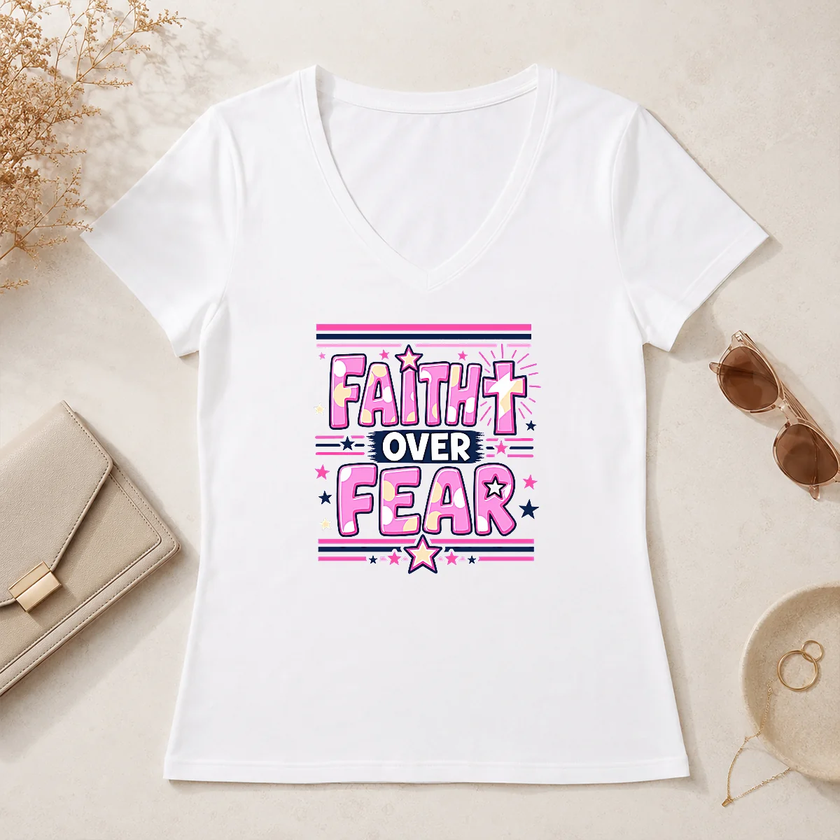 Funny Faith Over Fear Motivational Christian V-Neck Shirt Funny Faith Over Fear Motivational Christian V-Neck Shirt