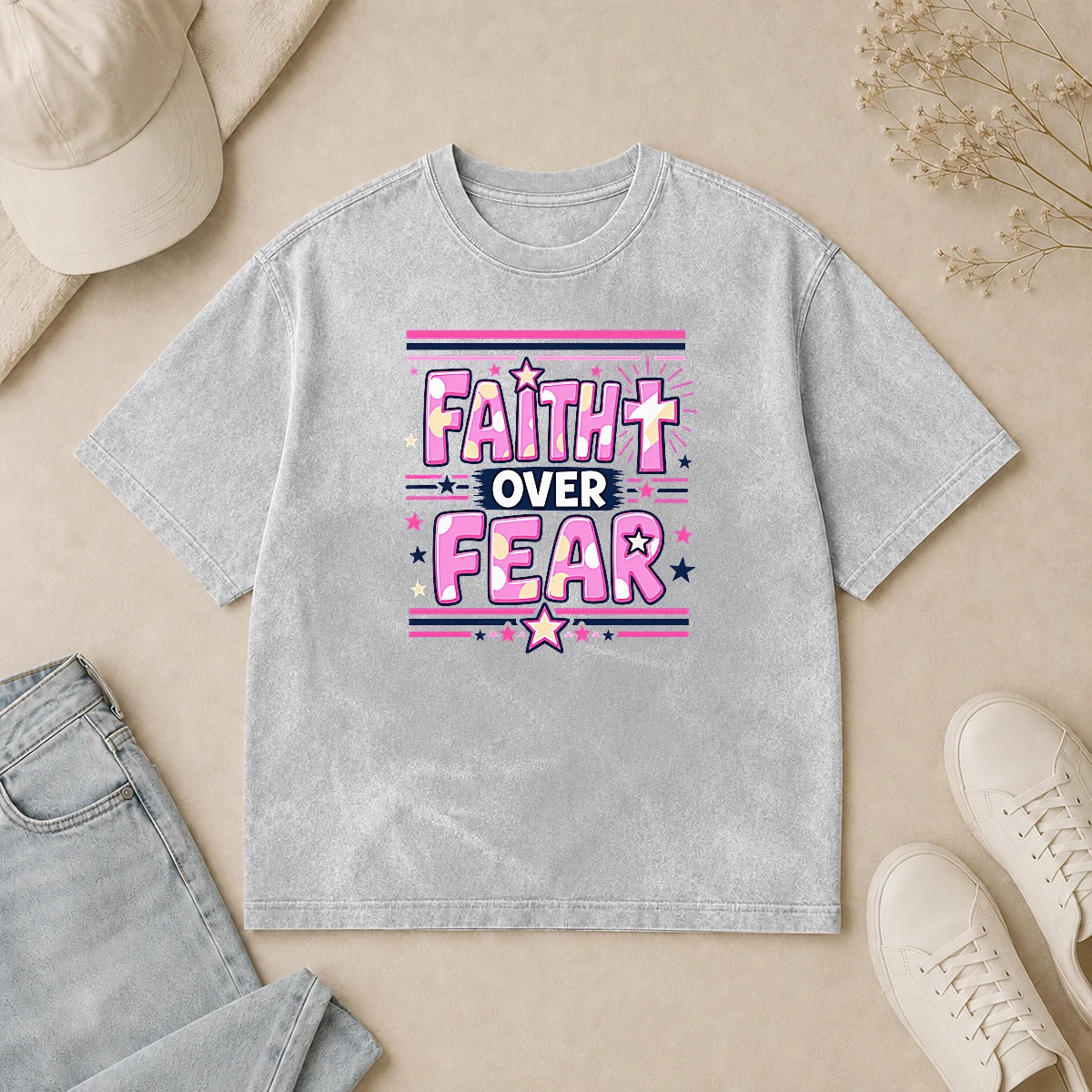 Funny Faith Over Fear Motivational Christian Quote Washed T Shirt Funny Faith Over Fear Motivational Christian Quote Washed T-Shirt
