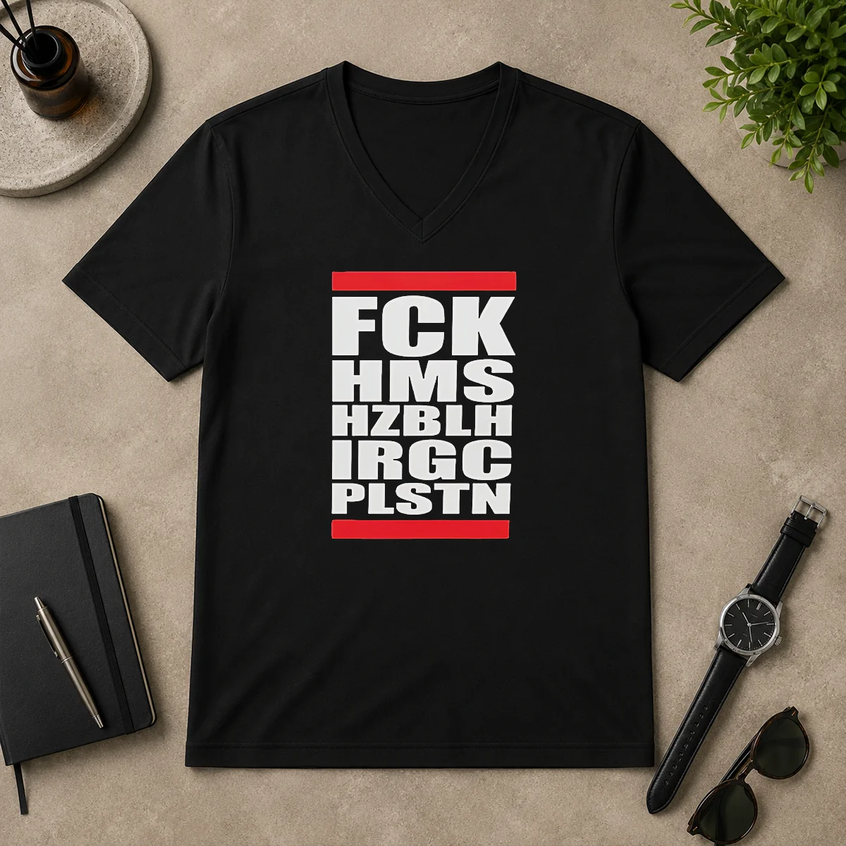 Funny FCK HMS HZBLH IRGC PLSTN V-Neck Shirt Funny FCK HMS HZBLH IRGC PLSTN V-Neck Shirt