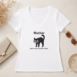 Funny Good Mother Put On Our Murder Shows Black Cat V Neck Shirt in black with short sleeves and v neckline