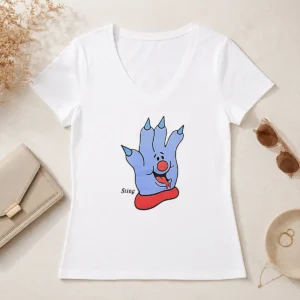 Funny Hot Sting Blue Cartoon Hand Character Mascot V-Neck Shirt