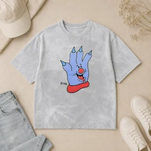 Funny Hot Sting Blue Cartoon Hand Character Mascot printed on a soft washed t shirt in light gray