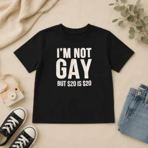 Funny Humorous Quote I Am Not Gay But 20 Dollars Is 20 Dollars kids t shirt in white with bold black text