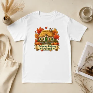 Funny Nice October Holiday Ireland Cozy Cottage Pixel t shirt in classic crew neck style with vibrant pixel art design