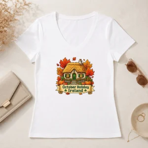 Funny Nice October Holiday Ireland Cozy Cottage Pixel V-Neck Shirt