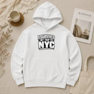 Funny Official I Survived My Trip To NYC Silhouette Humor Hoodie in black with white print, front view