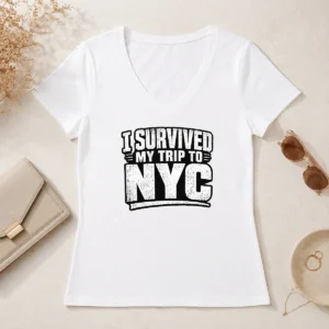 Funny Official I Survived My Trip To NYC Silhouette Humor V Neck Shirt in black with white text and NYC skyline silhouette
