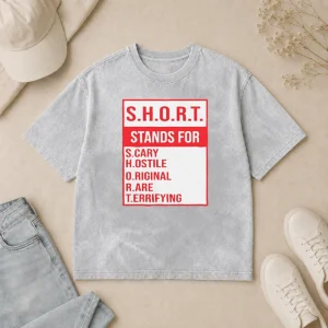 Funny Pretty S.H.O.R.T. Stands For S.Cary H.Ostile O.Riginal R.Are T.Errifying printed on a soft washed t shirt in light gray
