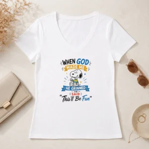 Funny Snoopy Peanuts When God Made Me He Grinned And Said Thisll Be Fun V-Neck Shirt
