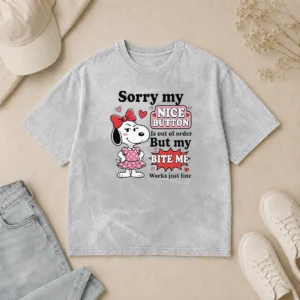 Funny Sorry My Nice Button Out Of Order But My Bite Me Works Just Fine printed on a soft washed t shirt in light gray