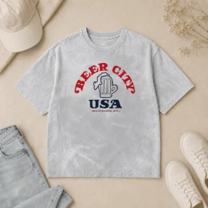 Good Awesome Beer City USA Grand Rapids Michigan washed t shirt in light gray showing front design