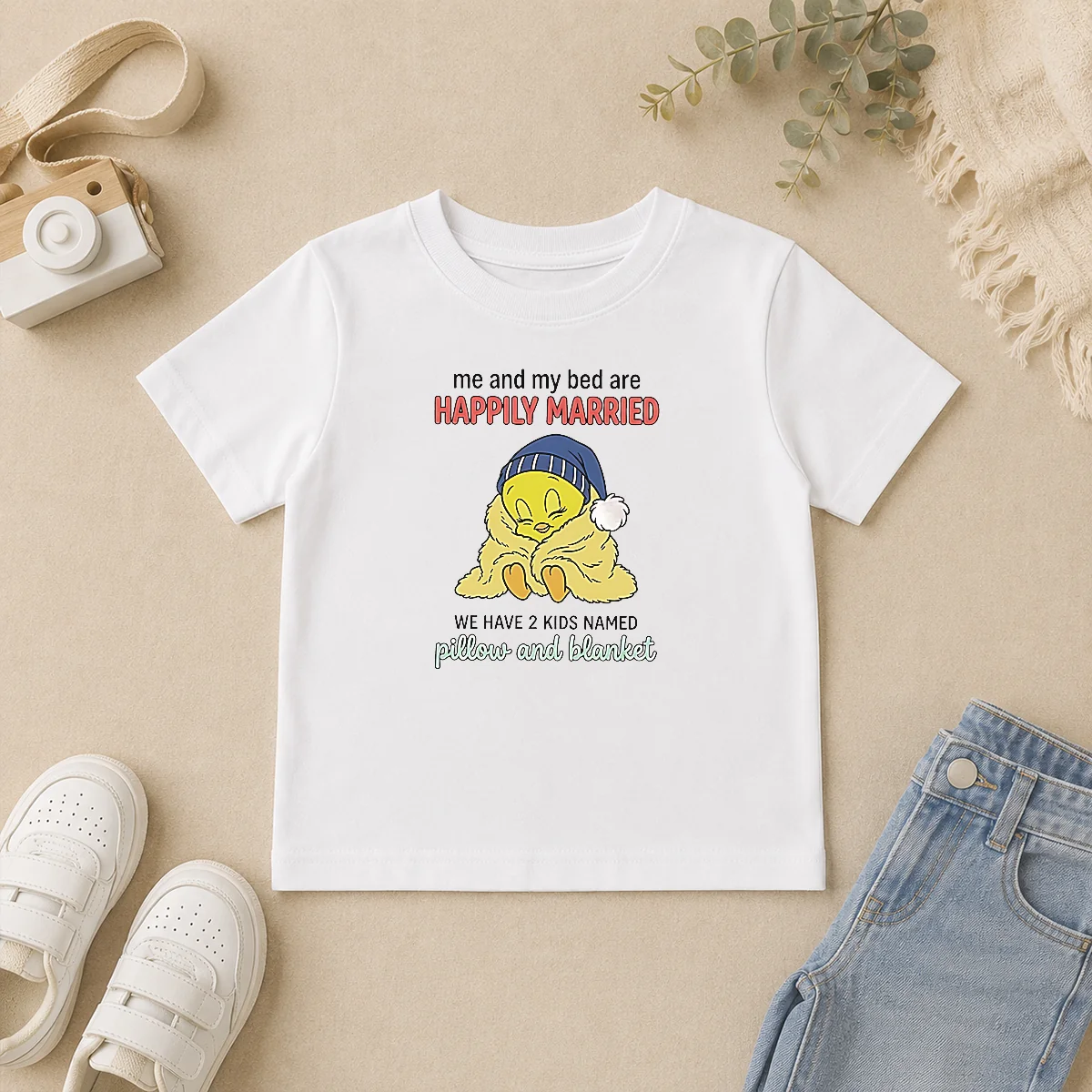 Good Tweety And My Bed Are Happily Married We Have 2 Kids Named Pillow Blanket Kids T Shirt Good Tweety And My Bed Are Happily Married We Have 2 Kids Named Pillow Blanket Kids T-Shirt