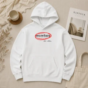 Happy Official Secretary A Film By Steven Shainberg Hoodie in black, featuring a comfortable pullover design with front pocket and drawstring hood