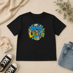 Hot Back To School Ready To Learn Typography Kids T Shirt in bright colors, short sleeves, and comfortable cotton fabric