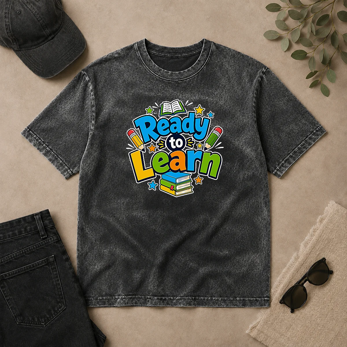 Hot Back To School Ready To Learn Typography Washed T Shirt Hot Back To School Ready To Learn Typography Washed T-Shirt