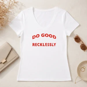 Hot Do Good Recklessly Motivational Quote printed on a soft cotton V neck shirt in light gray
