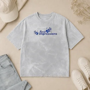 Hot First Impressions Handprint Logo on a soft washed t shirt in neutral color, front view