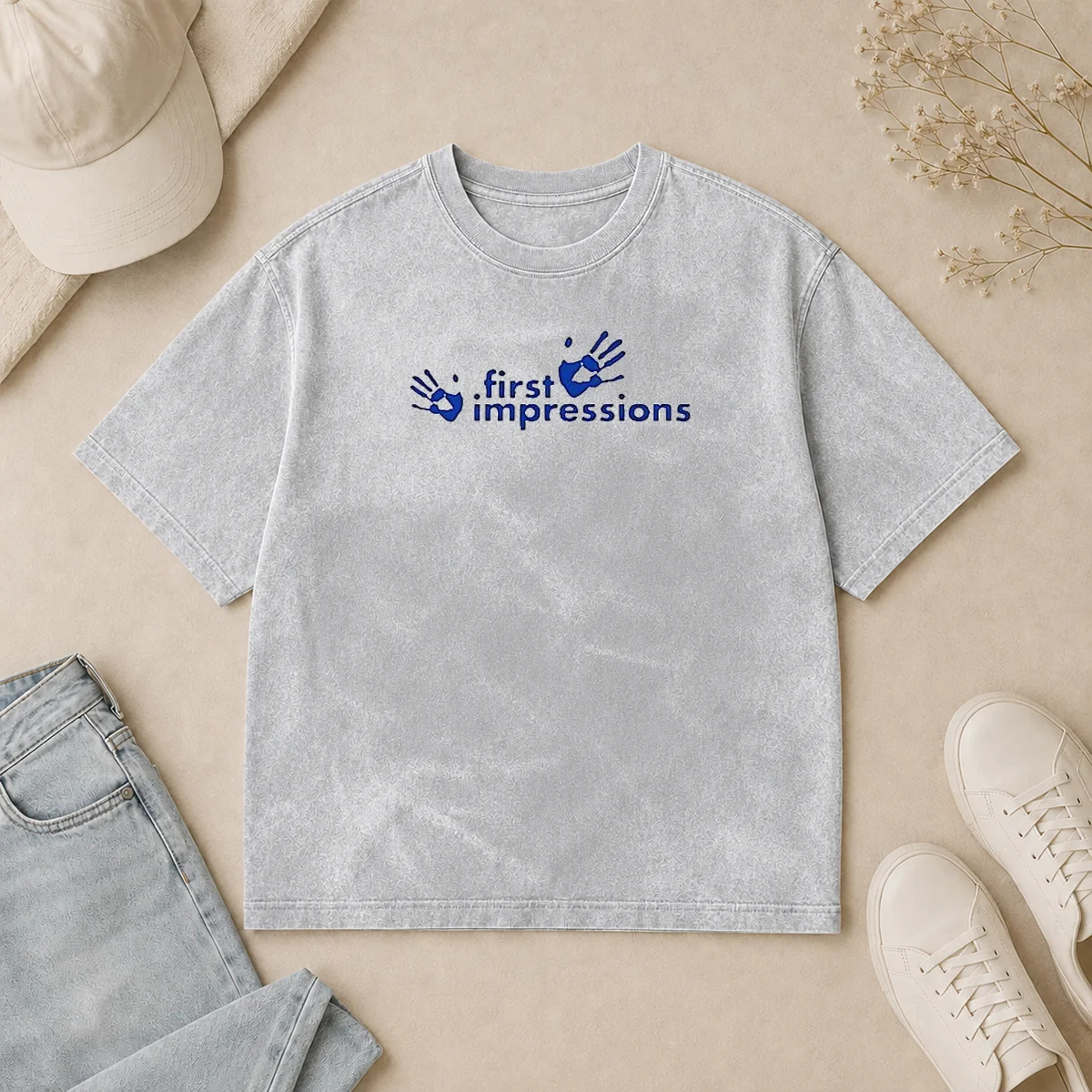 Hot First Impressions Handprint Logo Washed T Shirt Hot First Impressions Handprint Logo on a soft washed t shirt in neutral color, front view