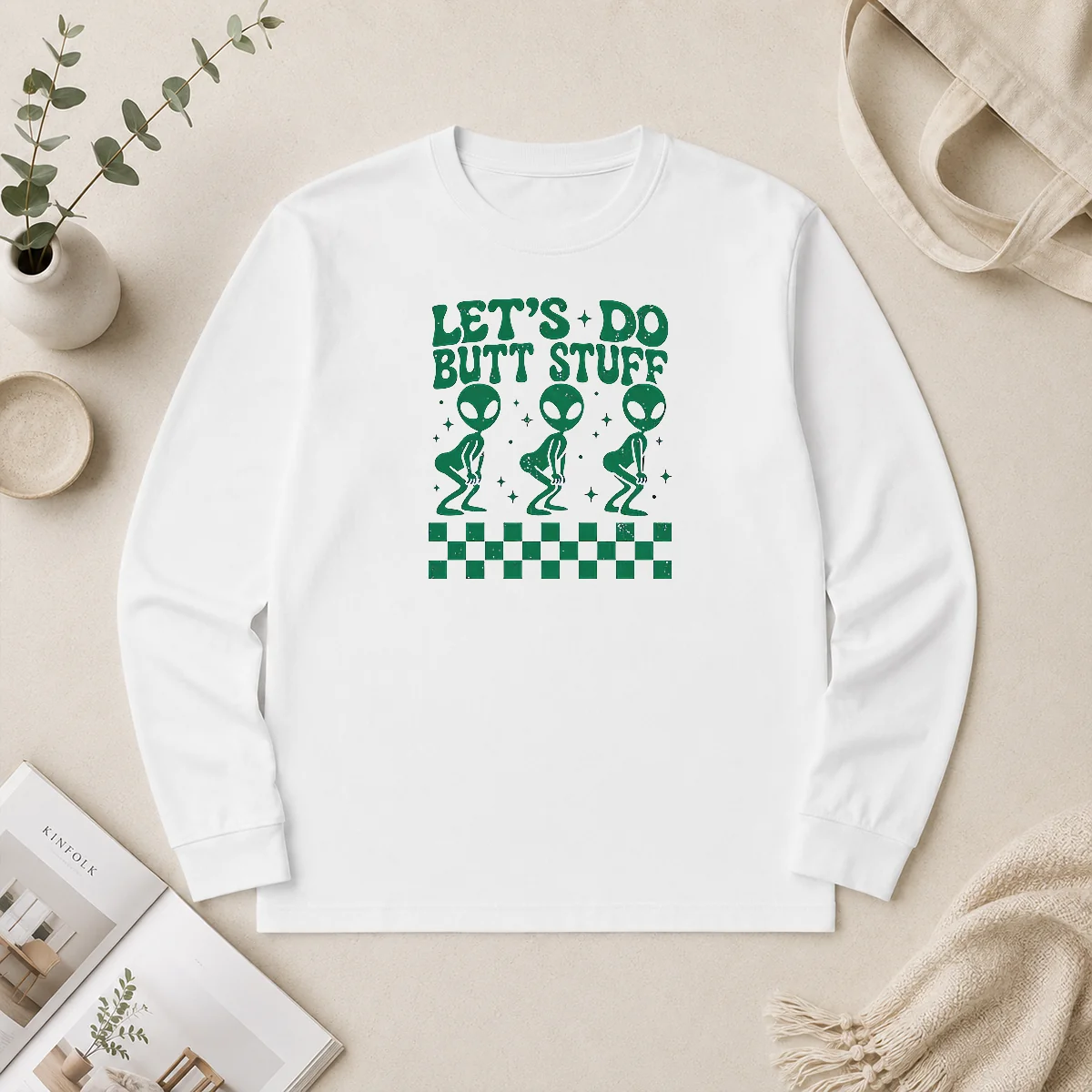 Hot Funny Aliens Let'S Do Butt Stuff Checkerboard Novelty Meme Long Sleeve Hot Funny Aliens Let'S Do Butt Stuff Checkerboard Novelty Meme Long Sleeve Shirt in black with bold graphic print