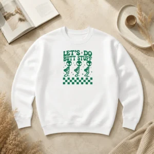 Hot Funny Aliens Let'S Do Butt Stuff Checkerboard Novelty Meme Sweater in black and white checkerboard pattern with alien graphic