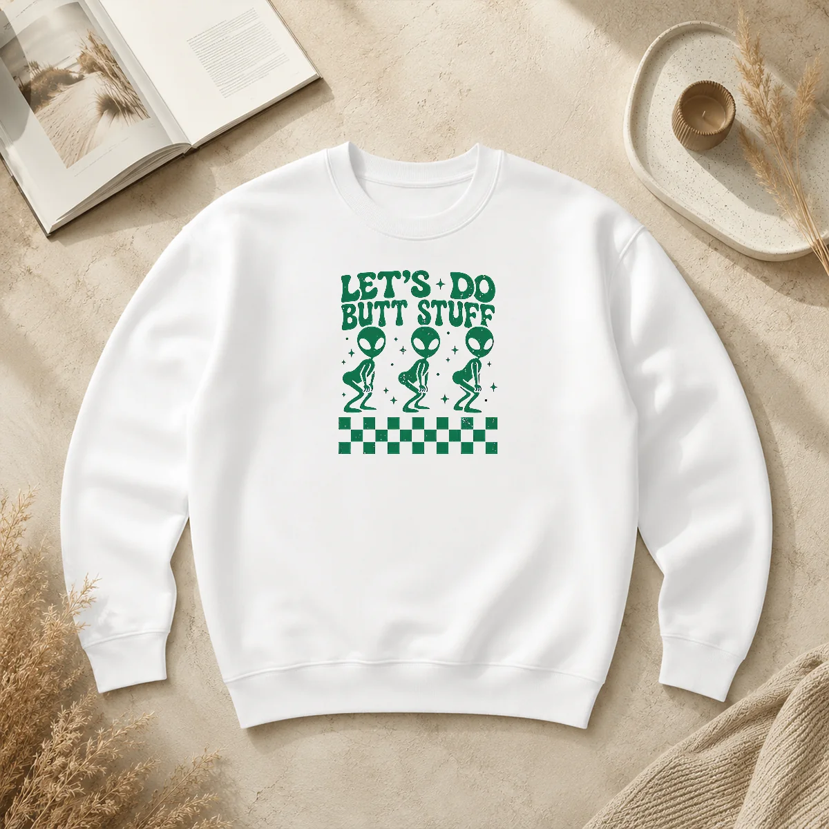 Hot Funny Aliens Let'S Do Butt Stuff Checkerboard Novelty Meme Sweater Hot Funny Aliens Let'S Do Butt Stuff Checkerboard Novelty Meme Sweater in black and white checkerboard pattern with alien graphic