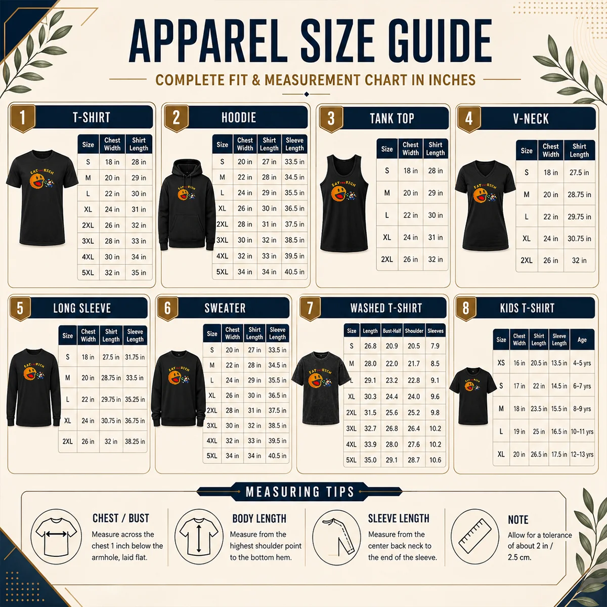 Hot Funny Pac Man Eat The Rich Size Chart Size chart for Hot Funny Pac Man Eat The Rich with measurements in inches and cm