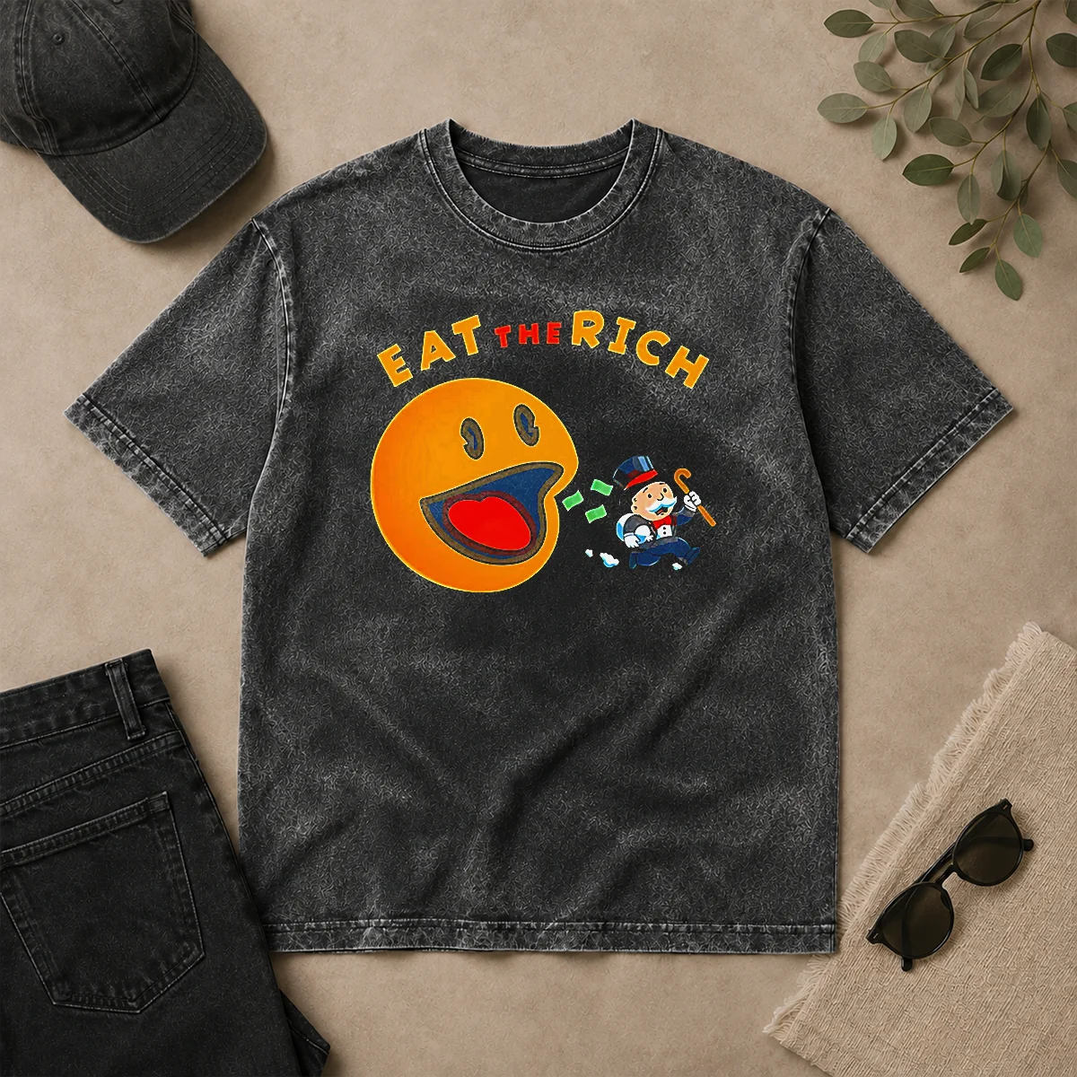 Hot Funny Pac Man Eat The Rich Washed T Shirt Hot Funny Pac Man Eat The Rich Washed T-Shirt