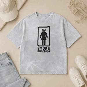 Hot Funny Smoke Dope 2016 Weed Leaf Girl Logo Marijuana printed on a grey washed t shirt with short sleeves