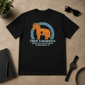 Hot Funny Troy Logistics Especial Deliveries Since 1184 BC t shirt in classic fit with bold vintage print