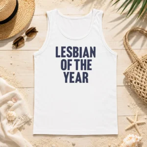 Hot Good Loty Lesbian Of The Year Tank Top featuring bold text design on a sleeveless cotton shirt