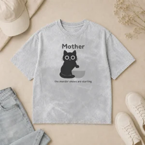 Hot Good Mother The Murder Shows Are Starting Black Cat Washed T Shirt in black with vintage wash and graphic print